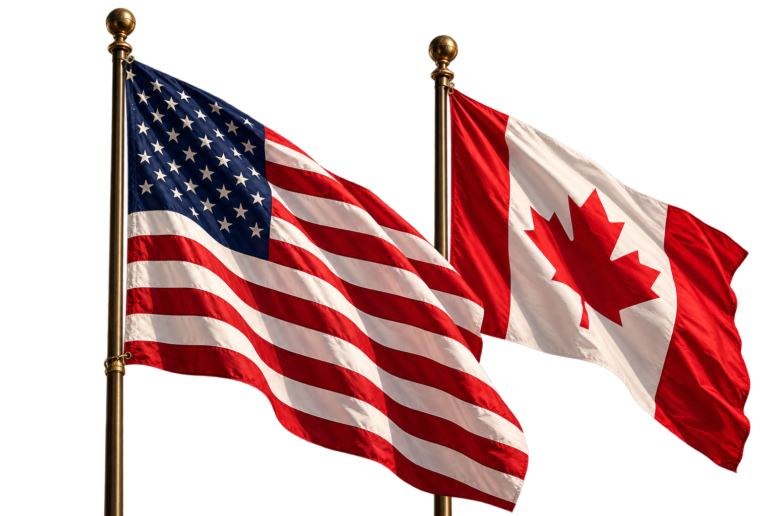 Bandeiras dos Estados Unidos e do Canadá em tecido ondulado, sobre mastros dourados