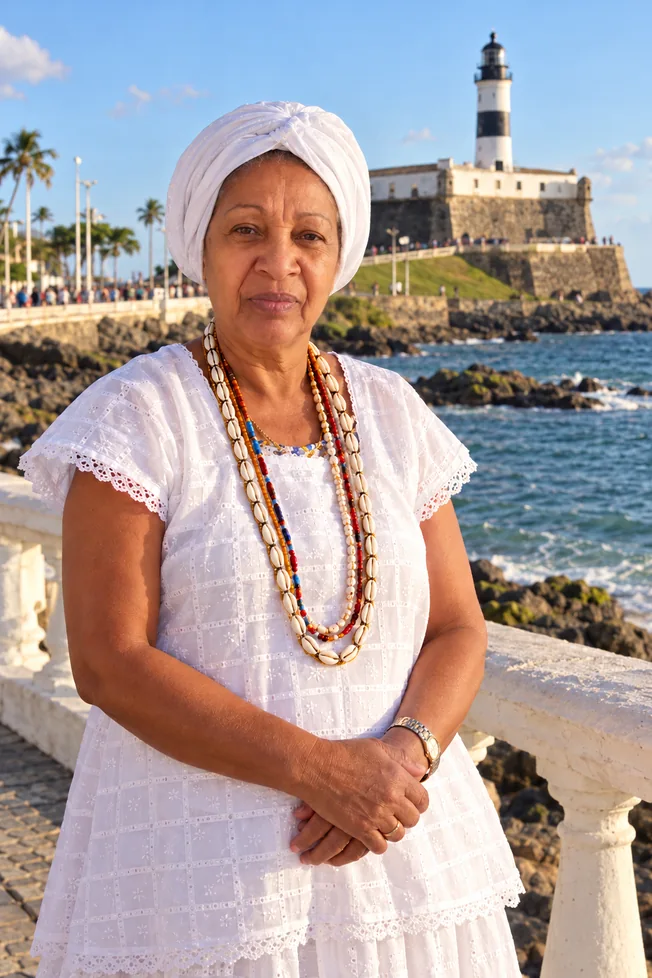 Retrato da Celia em composição visual com o Farol da Barra, em Salvador