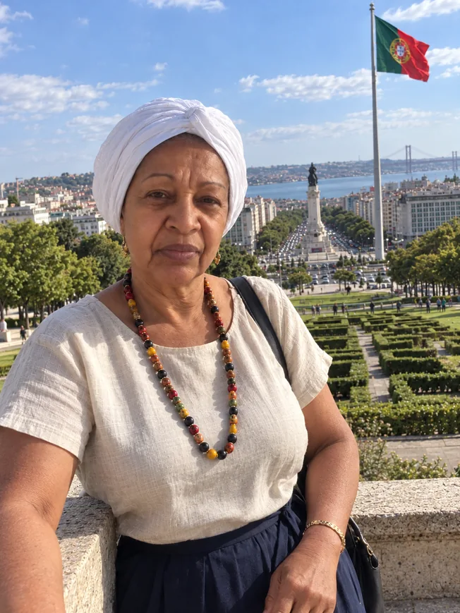 Retrato da Celia em composição visual com o Parque Eduardo VII e a bandeira de Portugal