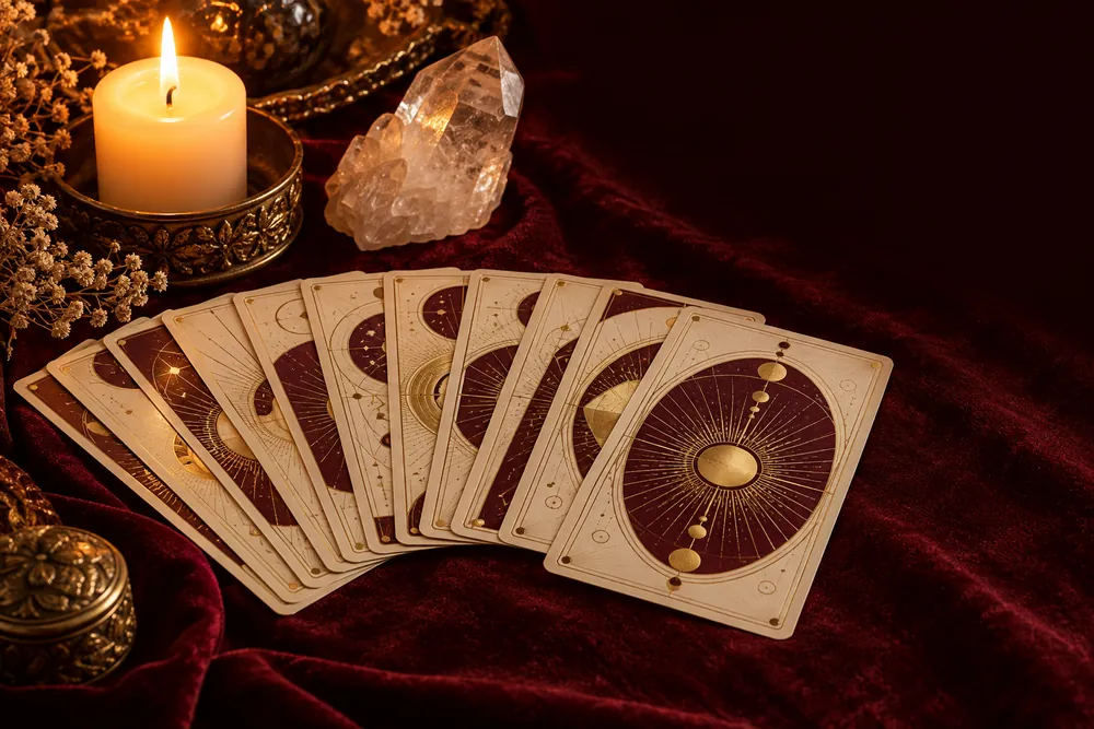 Cartas de tarô em leque sobre veludo vinho, com vela e cristal