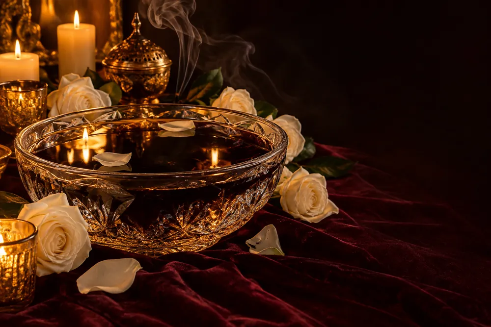Bacia de cristal com água, rosas brancas e velas