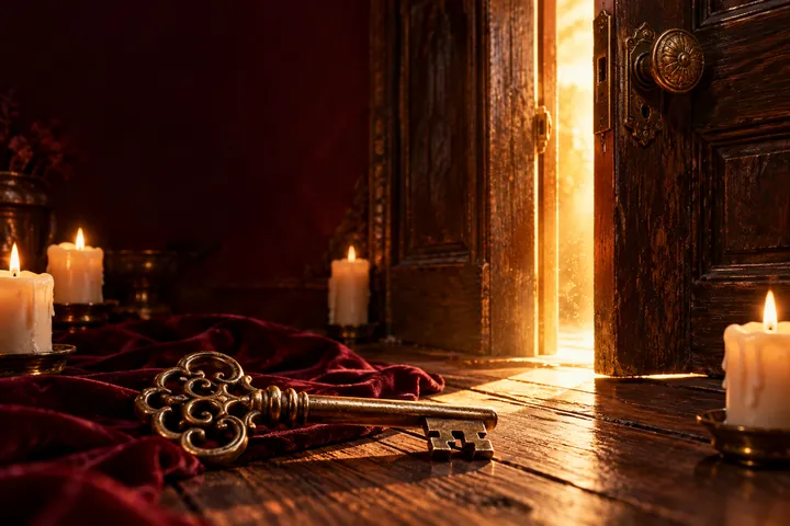 Porta antiga entreaberta com luz dourada e uma chave antiga