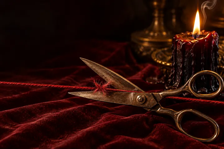 Tesoura antiga cortando um fio vermelho ao lado de uma vela escura