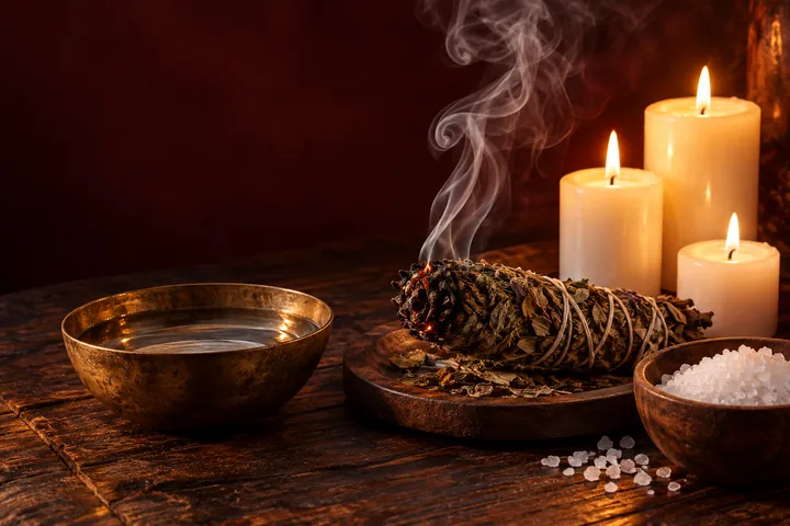 Ervas em brasa com fumaça, tigela de água, sal grosso e velas