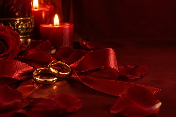 Alianças douradas sobre fita vermelha, com pétalas de rosa e velas